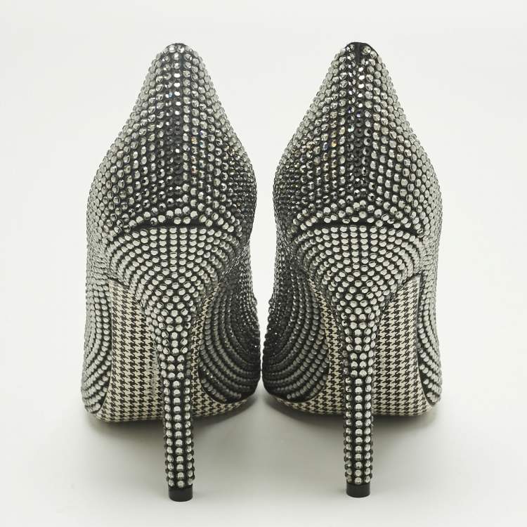 Pre Owned Salvatore Ferragamo Silver Satin Crystal Embellished Pointed Toe Pumps Size 37.5