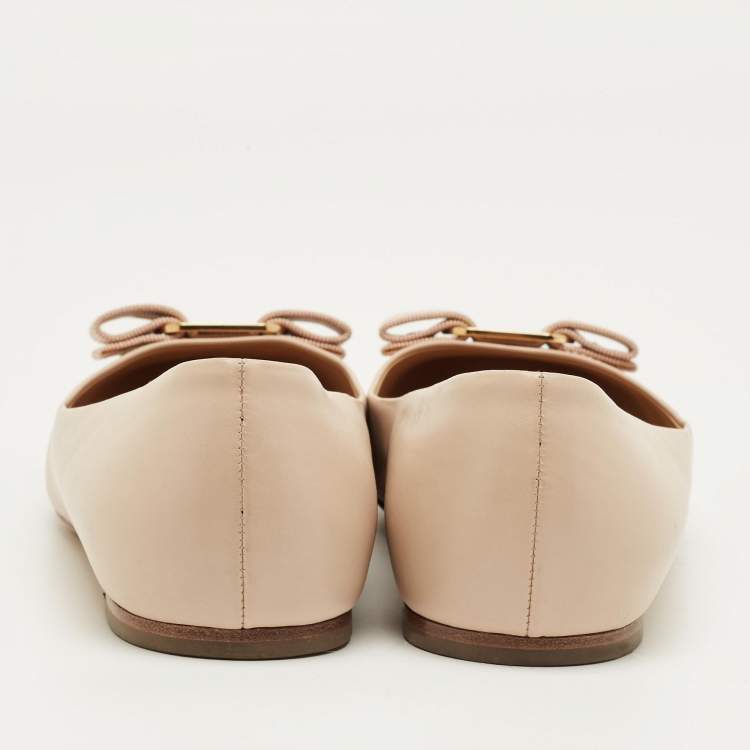 Pre Owned Salvatore Ferragamo Beige Leather Vara Bow Ballet Flats Size 38.5