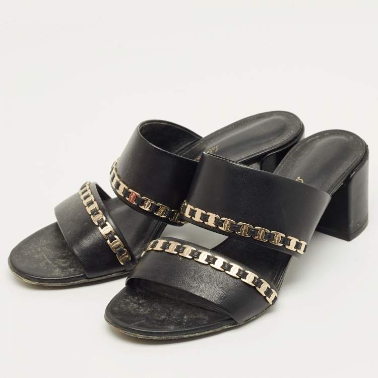 Pre Owned Salvatore Ferragamo Black Leather Trabia Chain Block Heel Slide Sandals Size 37