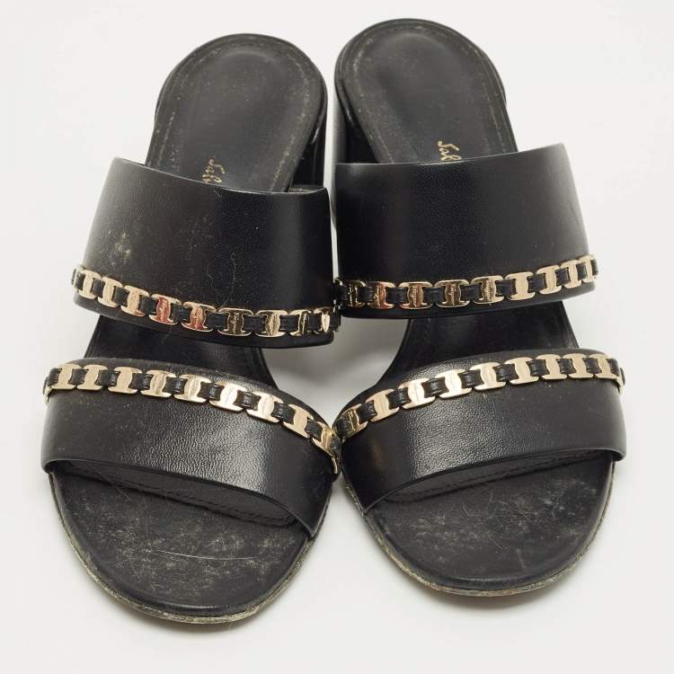 Pre Owned Salvatore Ferragamo Black Leather Trabia Chain Block Heel Slide Sandals Size 37
