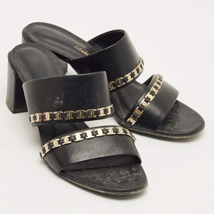 Pre Owned Salvatore Ferragamo Black Leather Trabia Chain Block Heel Slide Sandals Size 37