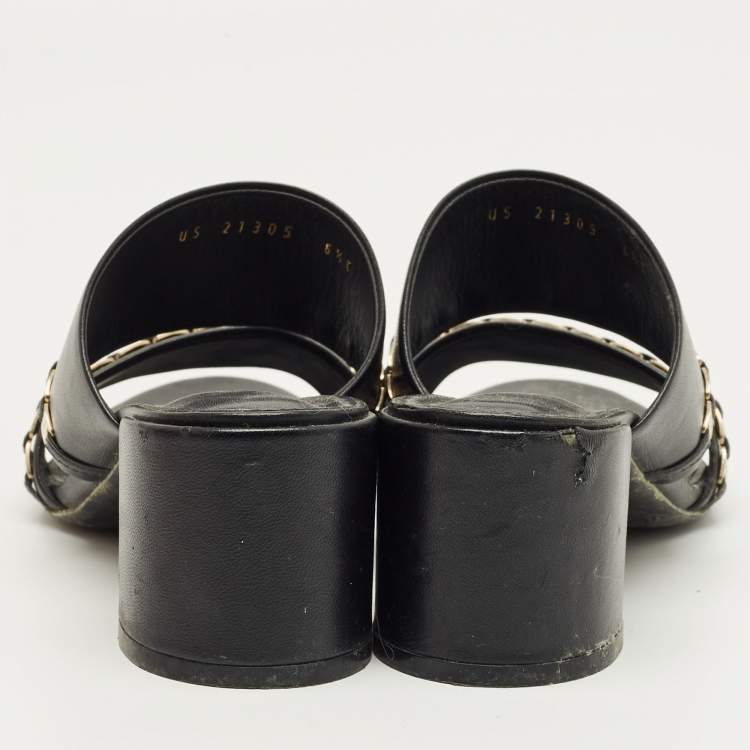 Pre Owned Salvatore Ferragamo Black Leather Trabia Chain Block Heel Slide Sandals Size 37