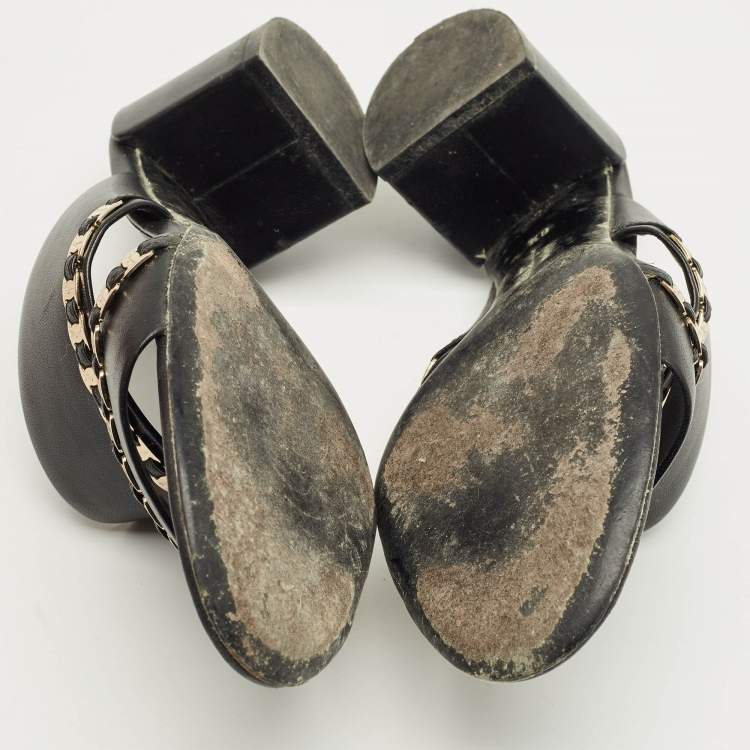 Pre Owned Salvatore Ferragamo Black Leather Trabia Chain Block Heel Slide Sandals Size 37