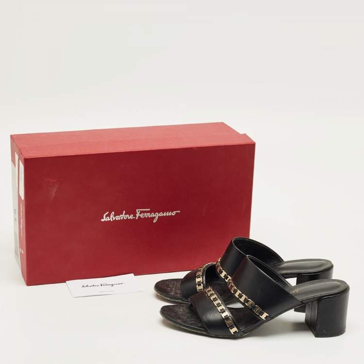 Pre Owned Salvatore Ferragamo Black Leather Trabia Chain Block Heel Slide Sandals Size 37
