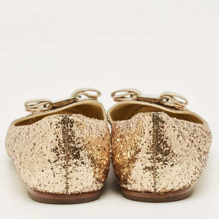 Pre Owned Salvatore Ferragamo Gold Glitter Varina Bow Ballet Flats Size 40