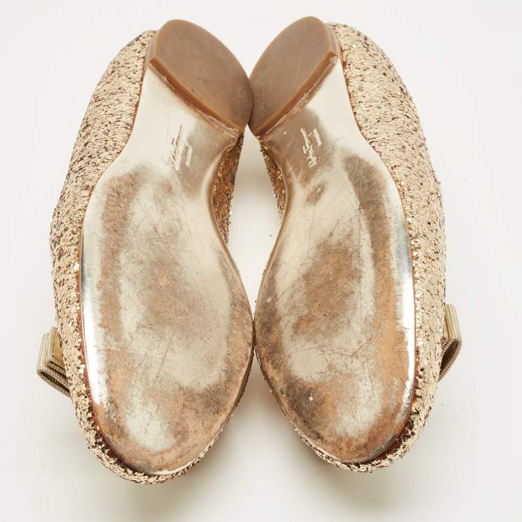 Pre Owned Salvatore Ferragamo Gold Glitter Varina Bow Ballet Flats Size 40