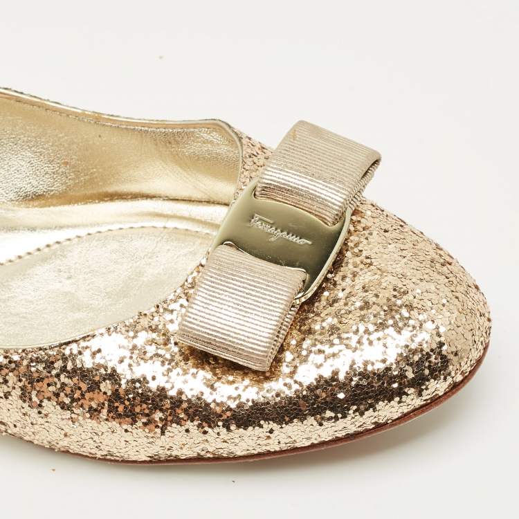 Pre Owned Salvatore Ferragamo Gold Glitter Varina Bow Ballet Flats Size 40