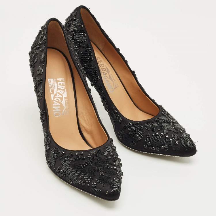 Pre Owned Salvatore Ferragamo Black Satin Crystal Embellished Pointed Toe Pumps Size 37