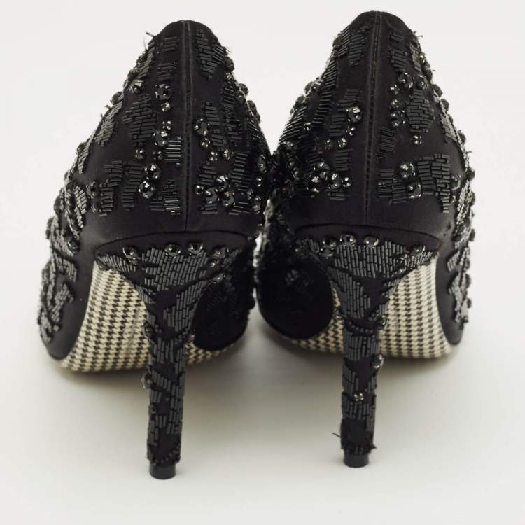 Pre Owned Salvatore Ferragamo Black Satin Crystal Embellished Pointed Toe Pumps Size 37