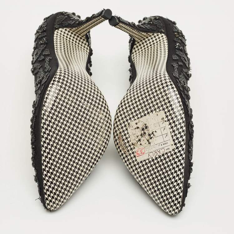 Pre Owned Salvatore Ferragamo Black Satin Crystal Embellished Pointed Toe Pumps Size 37