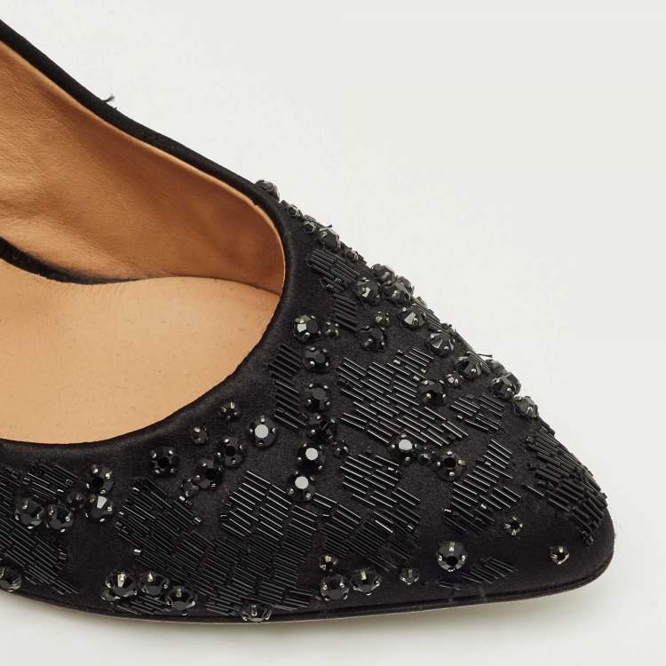 Pre Owned Salvatore Ferragamo Black Satin Crystal Embellished Pointed Toe Pumps Size 37