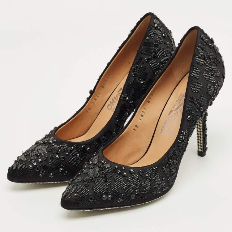 Pre Owned Salvatore Ferragamo Black Satin Crystal Embellished Pointed Toe Pumps Size 37