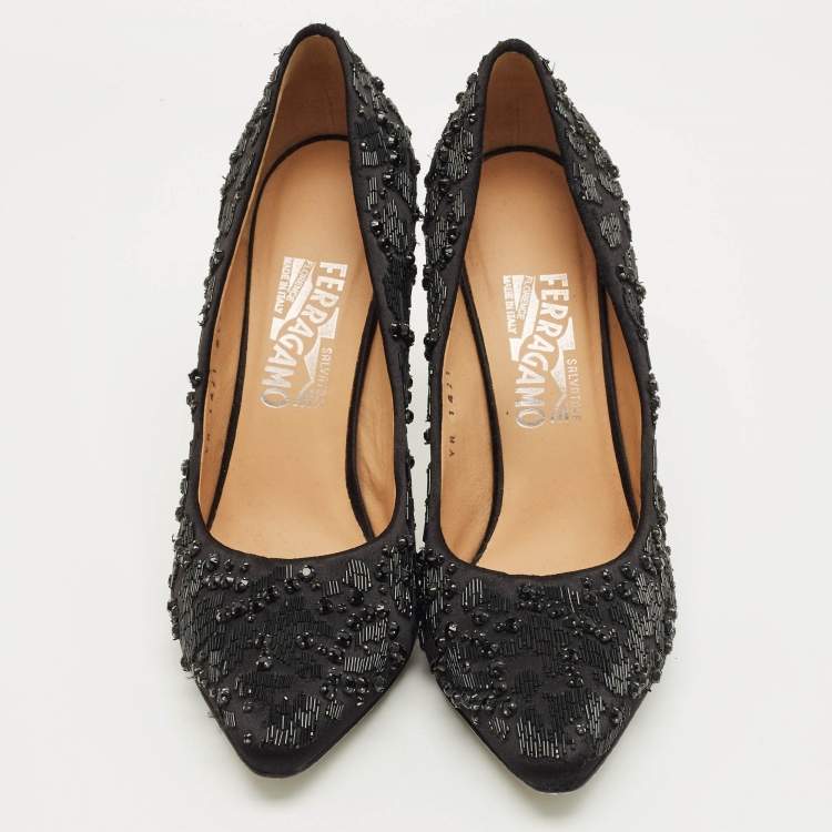 Pre Owned Salvatore Ferragamo Black Satin Crystal Embellished Pointed Toe Pumps Size 37