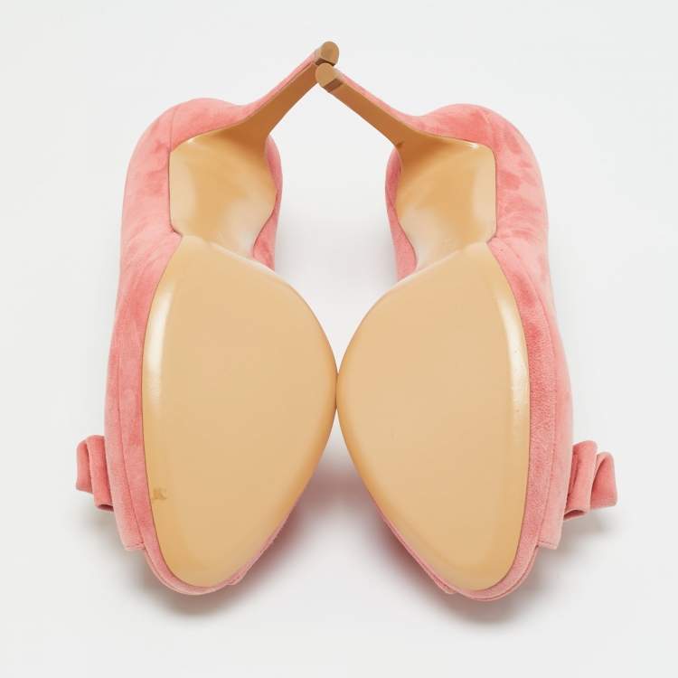 Pre Owned Salvatore Ferragamo Pink Suede Bow Peep Toe Pumps Size 39.5