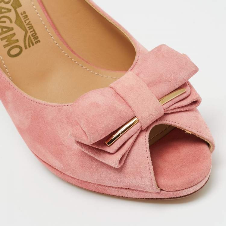 Pre Owned Salvatore Ferragamo Pink Suede Bow Peep Toe Pumps Size 39.5