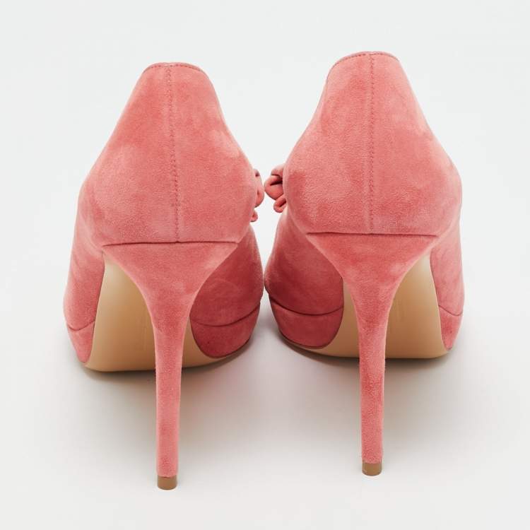 Pre Owned Salvatore Ferragamo Pink Suede Bow Peep Toe Pumps Size 39.5