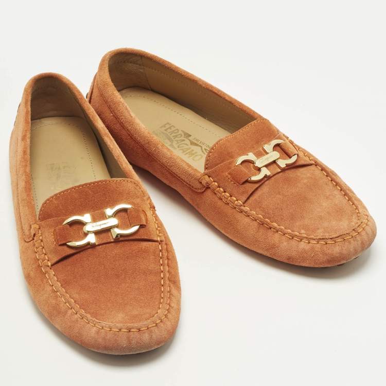 Pre Owned Salvatore Ferragamo Orange Suede Slip On Gancini Loafers Size 39.5