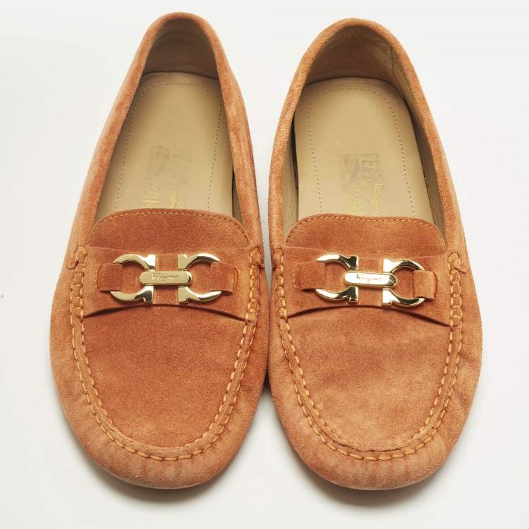 Pre Owned Salvatore Ferragamo Orange Suede Slip On Gancini Loafers Size 39.5