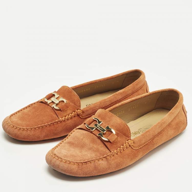 Pre Owned Salvatore Ferragamo Orange Suede Slip On Gancini Loafers Size 39.5