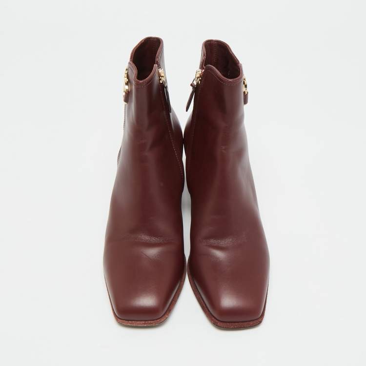 Pre Owned Salvatore Ferragamo Gancini  Burgundy Leather Ankle Length Boots Size 36.5