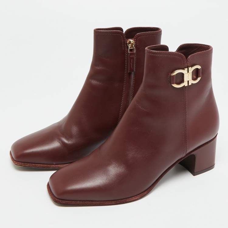 Pre Owned Salvatore Ferragamo Gancini  Burgundy Leather Ankle Length Boots Size 36.5