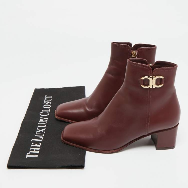 Pre Owned Salvatore Ferragamo Gancini  Burgundy Leather Ankle Length Boots Size 36.5