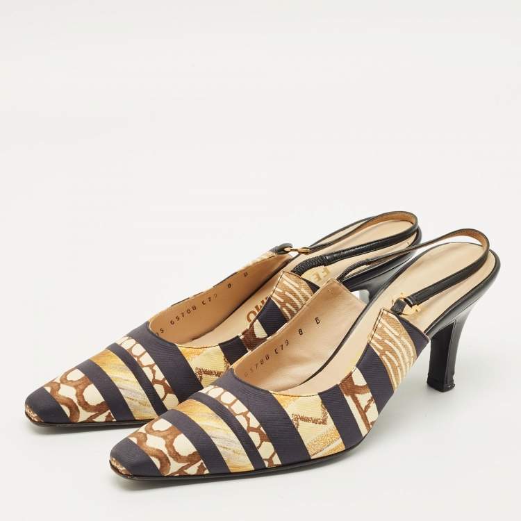Pre Owned Salvatore Ferragamo Size 38.5 Multicolor Fabric Slingback Pumps