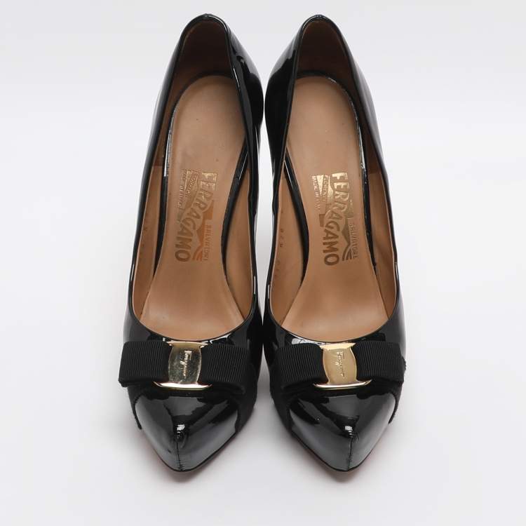 Pre Owned Salvatore Ferragamo Trilly Size 38.5 Black Patent Leather Platform Pumps