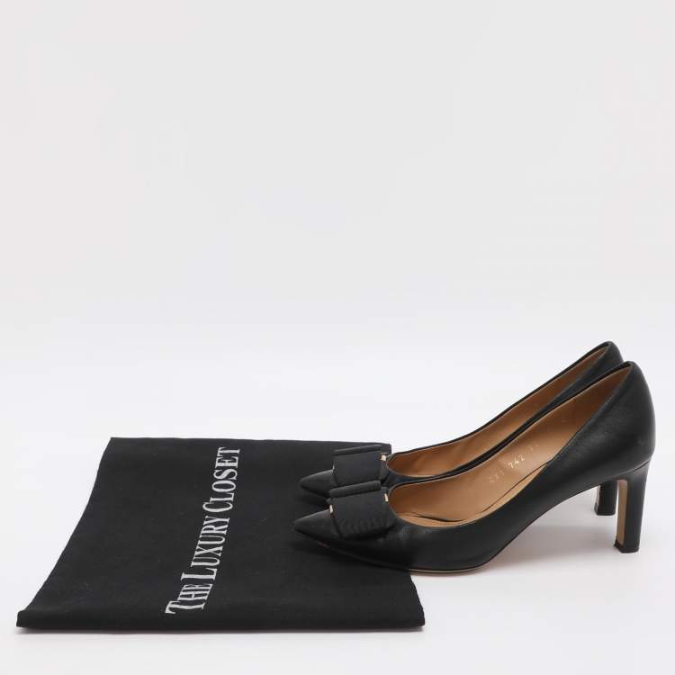 Pre Owned Salvatore Ferragamo Size 36.5 Black Leather Bow Pointed Toe Pumps