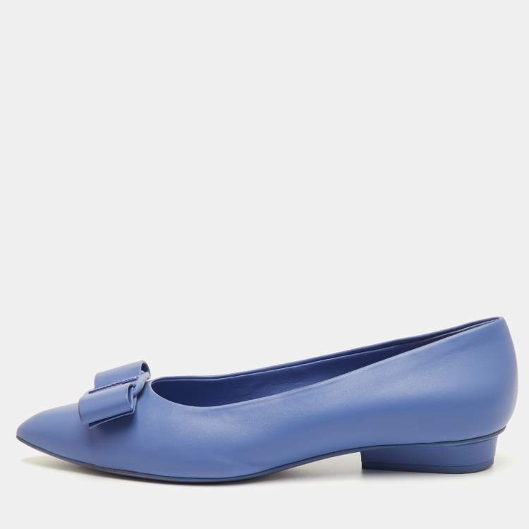 Pre Owned Salvatore Ferragamo Viva Bow Size 41 Blue Leather Ballet Flats