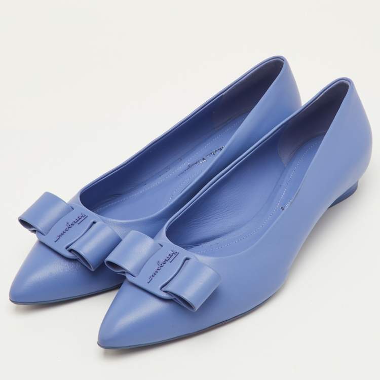 Pre Owned Salvatore Ferragamo Viva Bow Size 41 Blue Leather Ballet Flats
