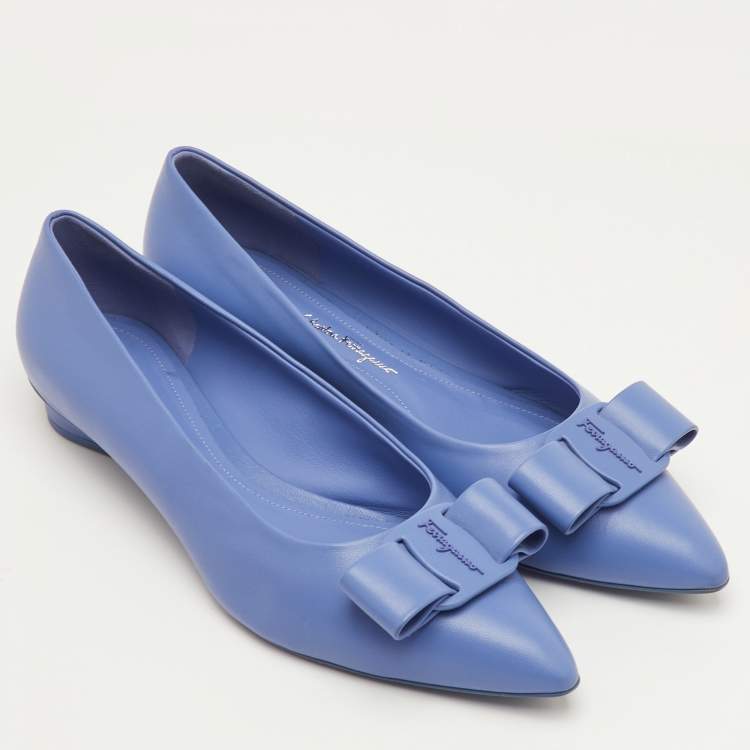Pre Owned Salvatore Ferragamo Viva Bow Size 41 Blue Leather Ballet Flats