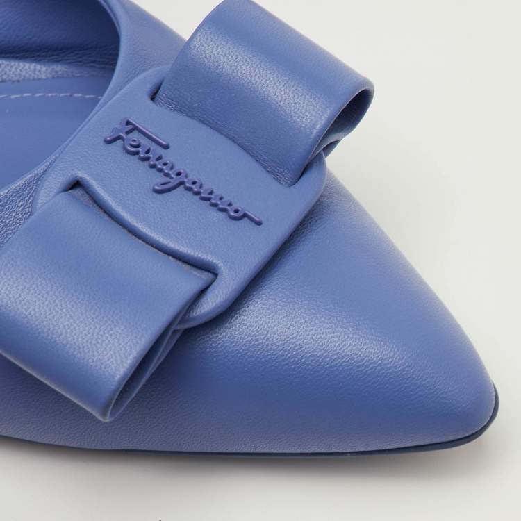 Pre Owned Salvatore Ferragamo Viva Bow Size 41 Blue Leather Ballet Flats