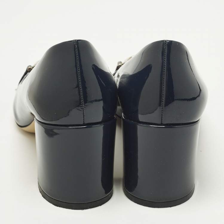 Pre Owned Salvatore Ferragamo Garda Size 38.5 Navy Blue Patent Leather Block Heel Pumps