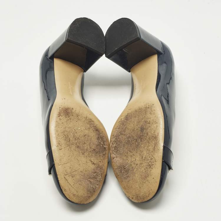 Pre Owned Salvatore Ferragamo Garda Size 38.5 Navy Blue Patent Leather Block Heel Pumps