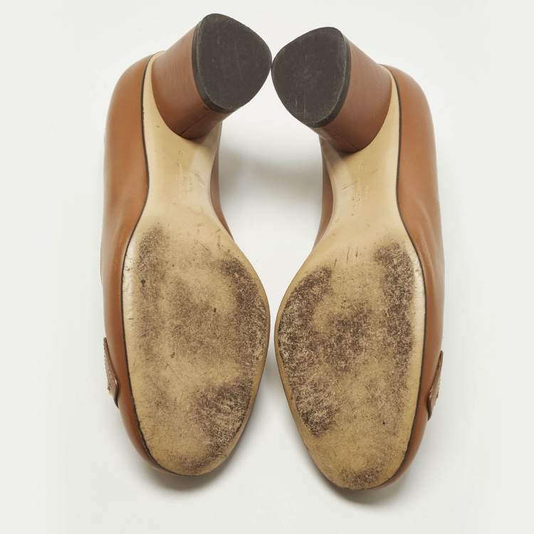 Pre Owned Salvatore Ferragamo Avery Size 38.5 Brown Leather Block Heel Pumps