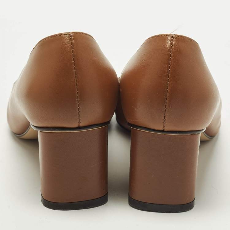 Pre Owned Salvatore Ferragamo Avery Size 38.5 Brown Leather Block Heel Pumps