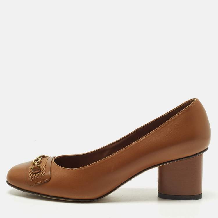 Pre Owned Salvatore Ferragamo Avery Size 38.5 Brown Leather Block Heel Pumps