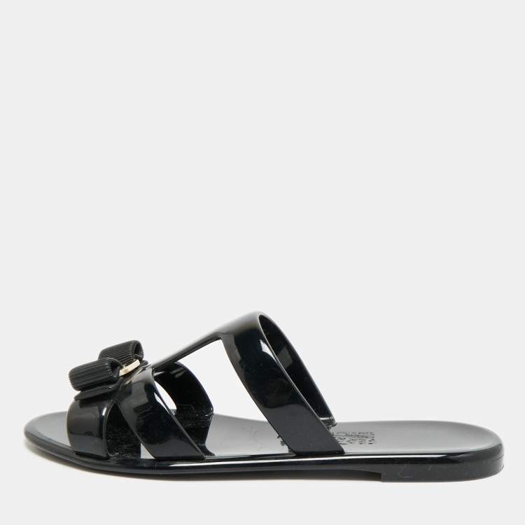 Pre Owned Salvatore Ferragamo Lylia Vara Size 38.5 Black Jelly Flat Slides 