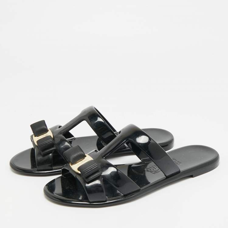 Pre Owned Salvatore Ferragamo Lylia Vara Size 38.5 Black Jelly Flat Slides 