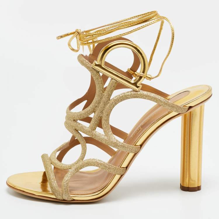 Pre Owned Salvatore Ferragamo Size 39.5 Gold Glitter and Leather Strappy Sandals