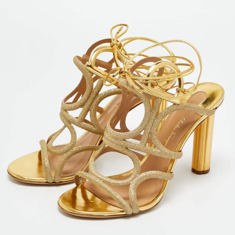 Pre Owned Salvatore Ferragamo Size 39.5 Gold Glitter and Leather Strappy Sandals