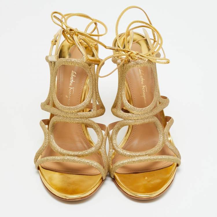 Pre Owned Salvatore Ferragamo Size 39.5 Gold Glitter and Leather Strappy Sandals