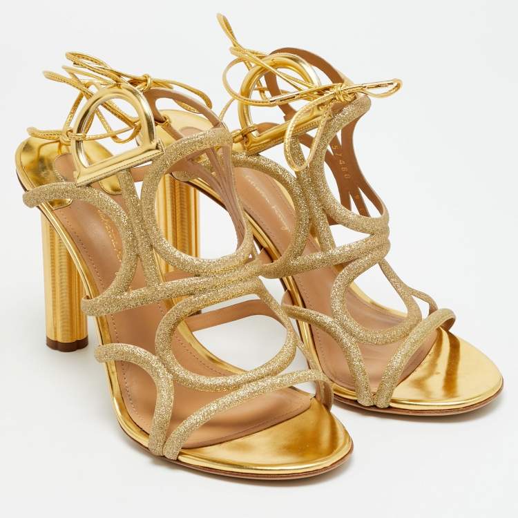Pre Owned Salvatore Ferragamo Size 39.5 Gold Glitter and Leather Strappy Sandals