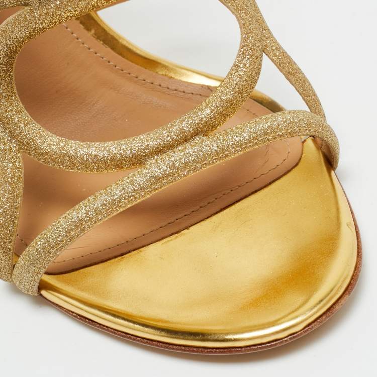 Pre Owned Salvatore Ferragamo Size 39.5 Gold Glitter and Leather Strappy Sandals