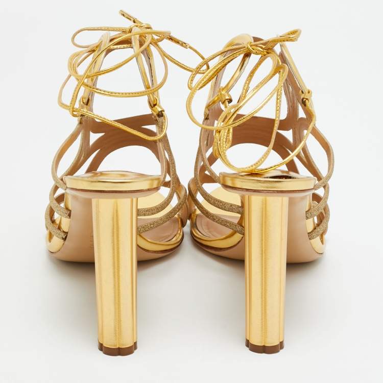 Pre Owned Salvatore Ferragamo Size 39.5 Gold Glitter and Leather Strappy Sandals