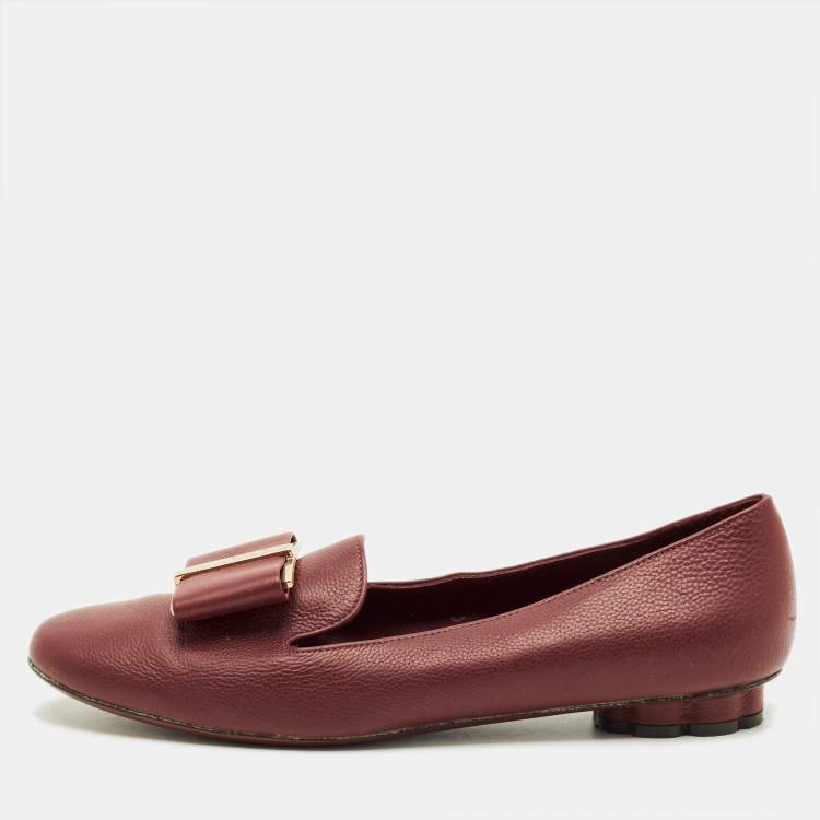 Pre Owned Salvatore Ferragamo Sarno Bow Size 37 Burgundy Leather Smoking Slippers