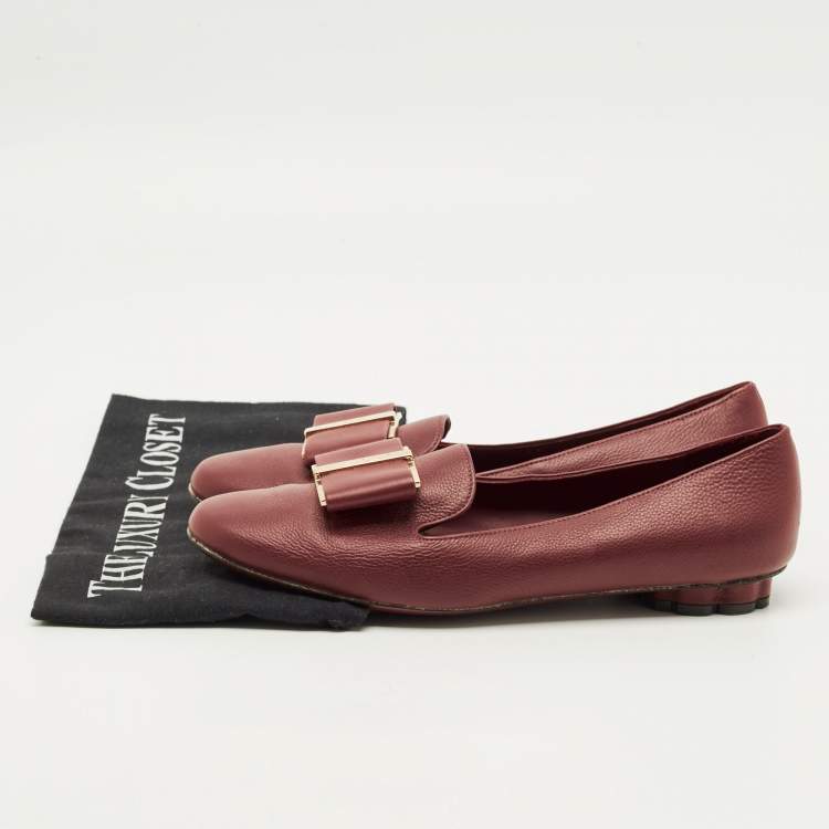 Pre Owned Salvatore Ferragamo Sarno Bow Size 37 Burgundy Leather Smoking Slippers