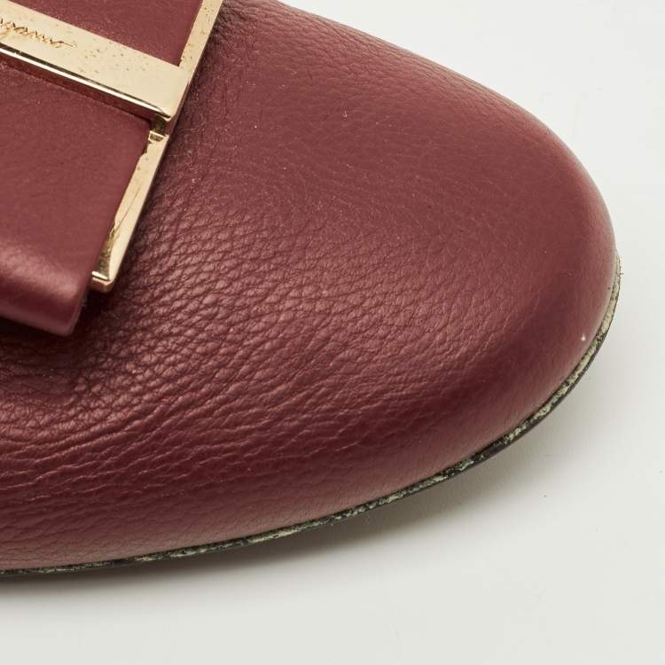 Pre Owned Salvatore Ferragamo Sarno Bow Size 37 Burgundy Leather Smoking Slippers