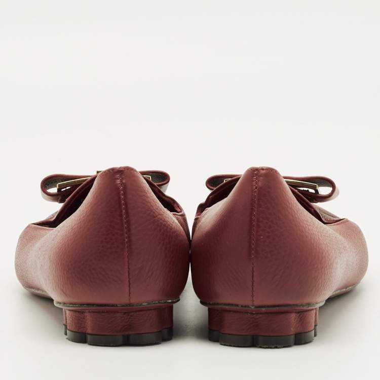 Pre Owned Salvatore Ferragamo Sarno Bow Size 37 Burgundy Leather Smoking Slippers